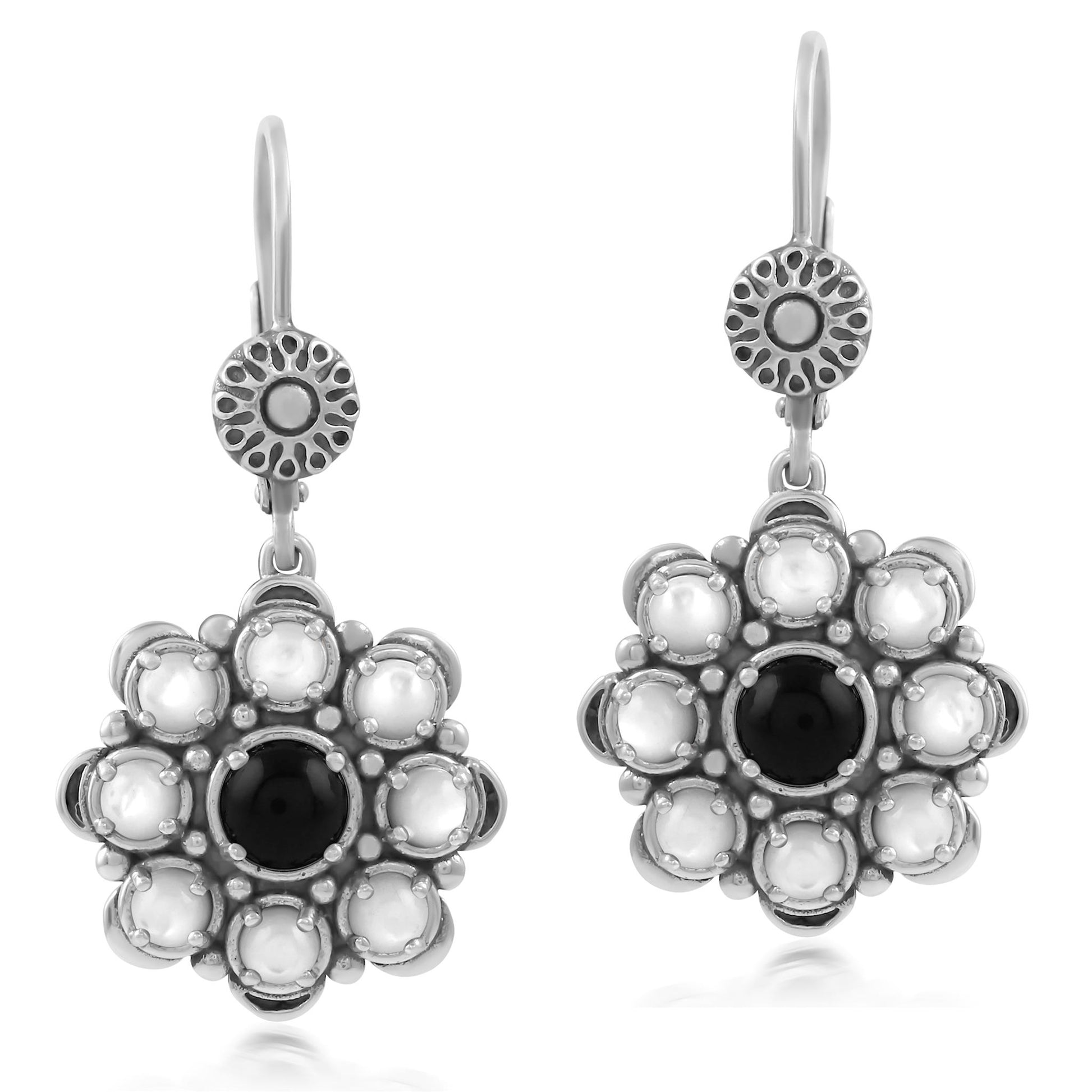 Sterling Silver Black Onyx and White Mother of Pearl Flower Cluster Earrings