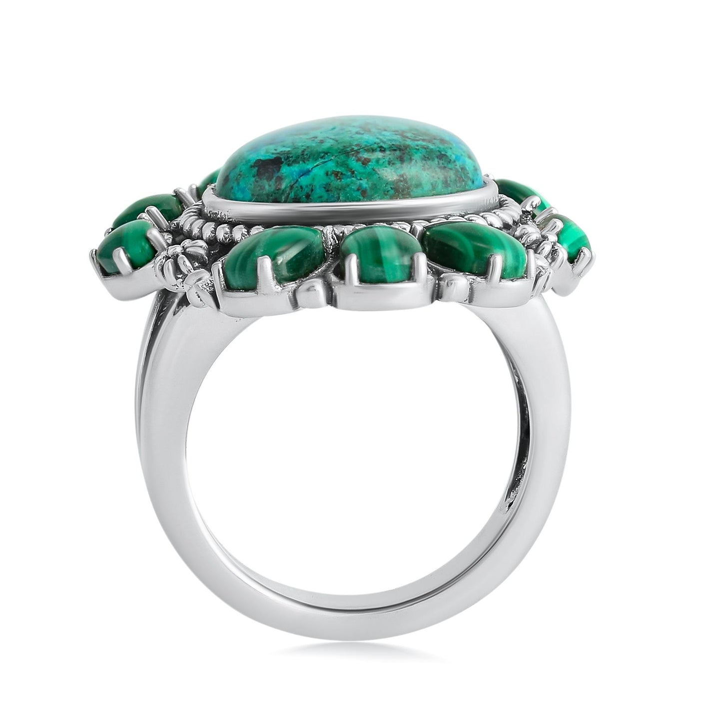 Sterling Silver Chrysocolla and Malachite 3-Stone Trillion and Pear Ring