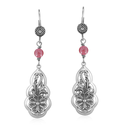 Sterling Silver Rhodonite Flower Gemstone Bead Lever Back Earrings