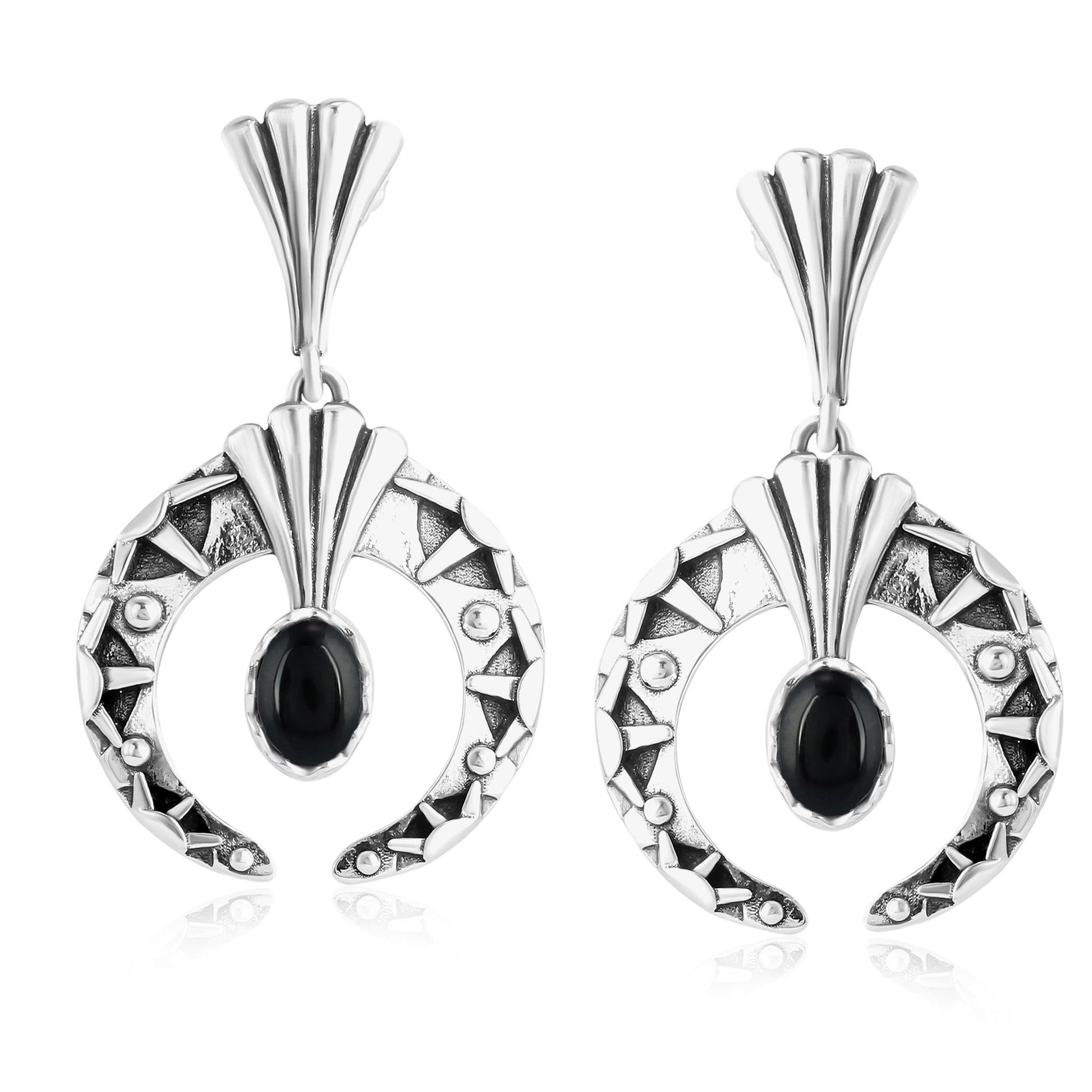 Sterling Silver Black Agate Fritz Casuse Oval Gemstone Naja Earrings