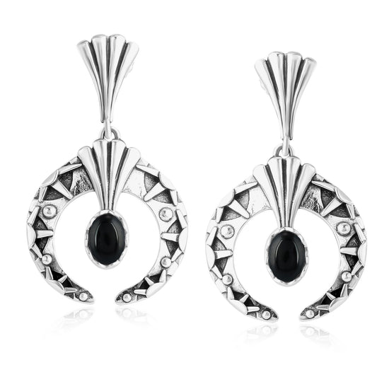 Sterling Silver Black Agate Fritz Casuse Oval Gemstone Naja Earrings