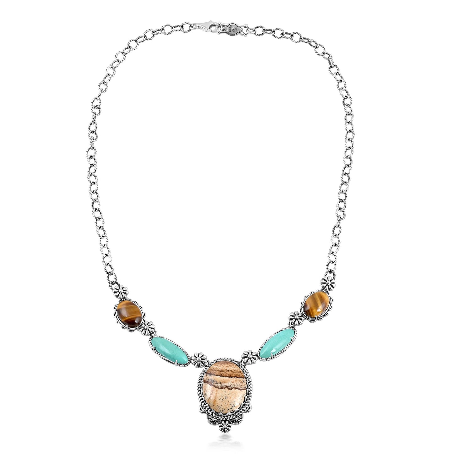 Sterling Silver Picture Jasper, Green Turquoise and Tiger's Eye Concha Station Necklace
