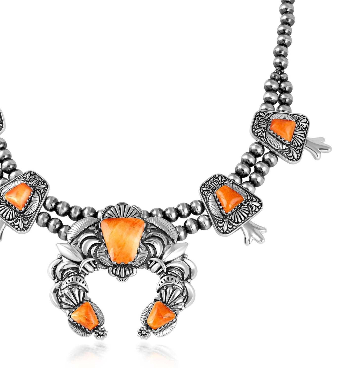LIMITED EDITION! Sterling Silver Orange Spiny Oyster Trapezoid Squash Blossom Necklace