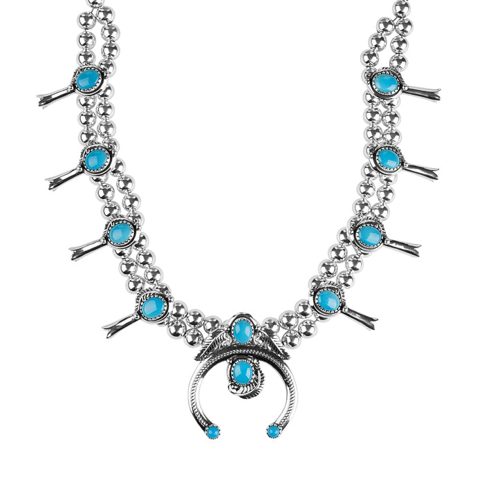 Sterling Silver Blue Turquoise Squash Blossom, 21 to 24 Inches