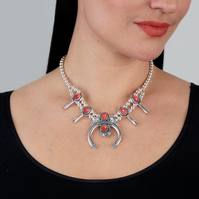 Sterling Silver Red Spiny Gemstone Squash Blossom Naja Necklace 16 to 19 Inch