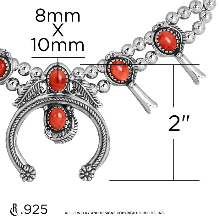 Sterling Silver Red Spiny Gemstone Squash Blossom Naja Necklace, 17 to 20 Inches