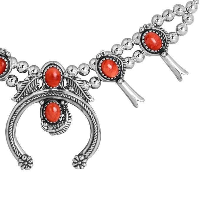 Sterling Silver Red Spiny Gemstone Squash Blossom Naja Necklace, 17 to 20 Inches