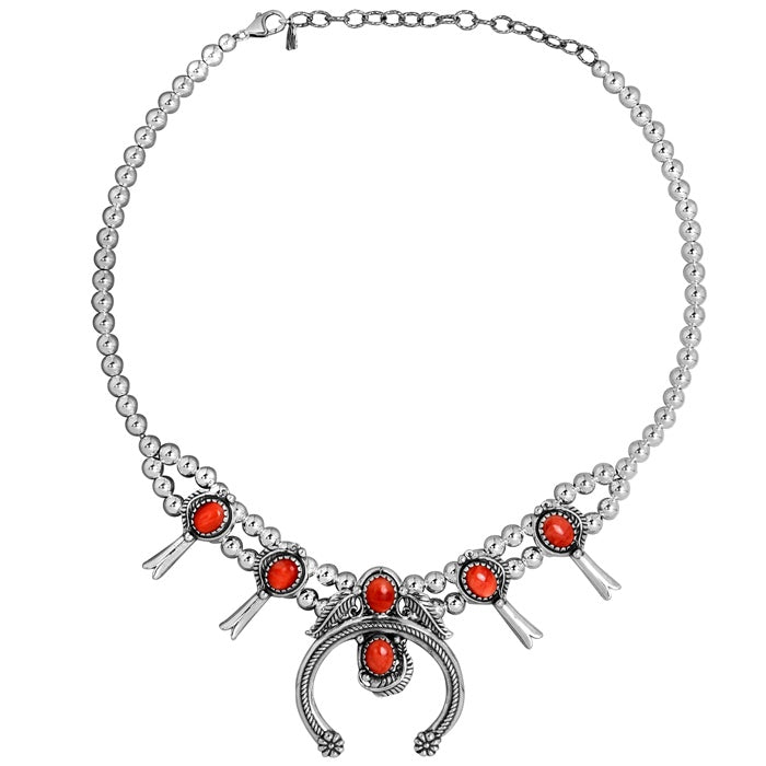 Sterling Silver Red Spiny Gemstone Squash Blossom Naja Necklace, 17 to 20 Inches