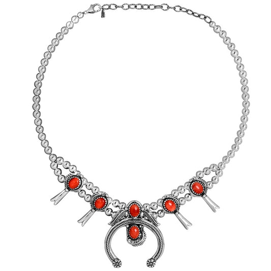 Sterling Silver Red Spiny Gemstone Squash Blossom Naja Necklace, 17 to 20 Inches