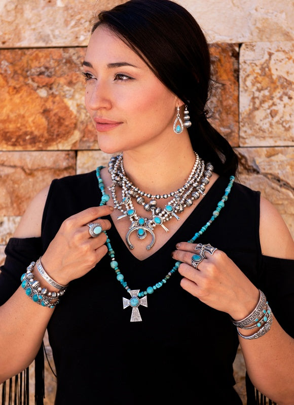 Sterling Silver Green Turquoise Squash Blossom Naja Necklace, 17 to 20 Inches