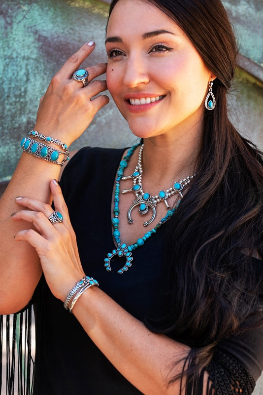 Sterling Silver Kingman Turquoise Squash Blossom Naja Necklace, 17 to 20 Inches