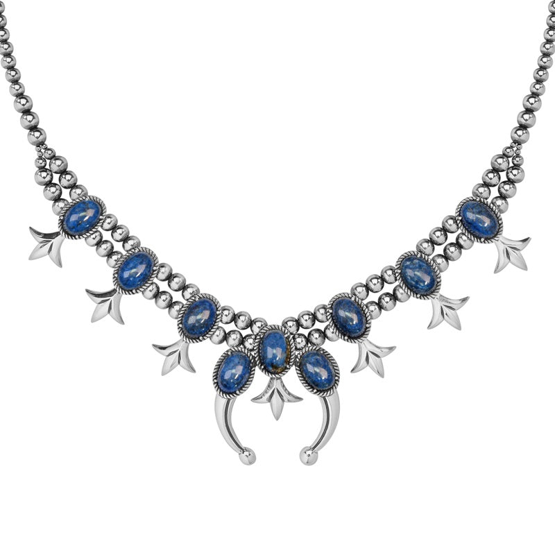 Sterling Silver Blue Lapis Squash Blossom Naja Necklace, 18 to 21 Inches