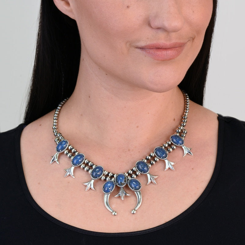 Sterling Silver Blue Lapis Squash Blossom Naja Necklace, 18 to 21 Inches