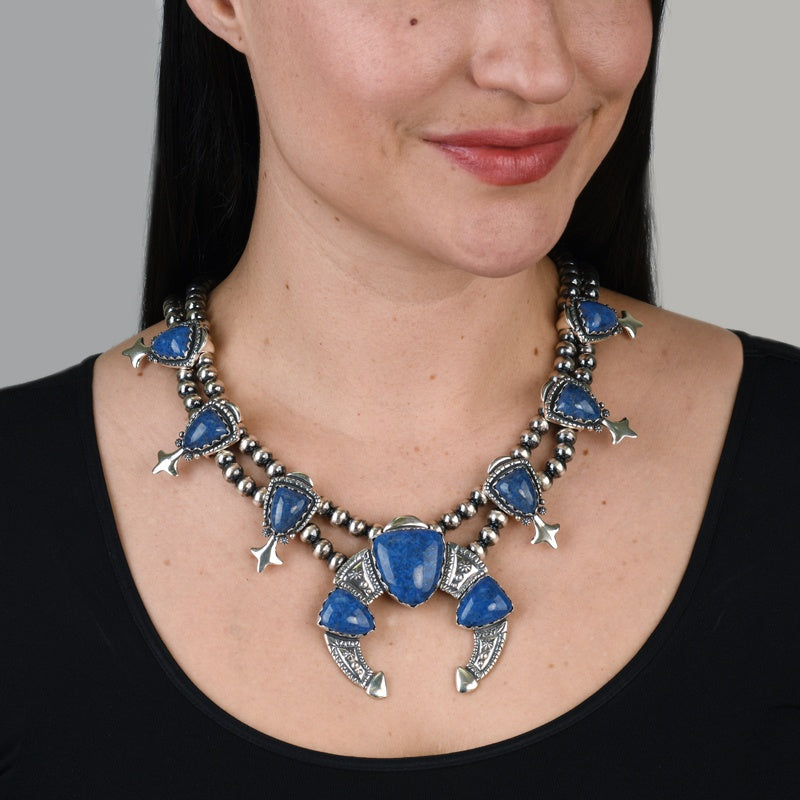 Sterling Silver Denim Lapis Arrowhead Gemstone Squash Blossom Statement Necklace 18 to 21 inches