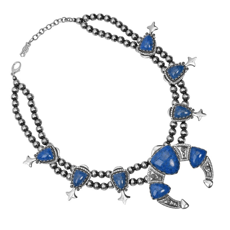 Sterling Silver Lapis Gemstone Squash Blossom Statement Necklace, 18 to 21 Inches