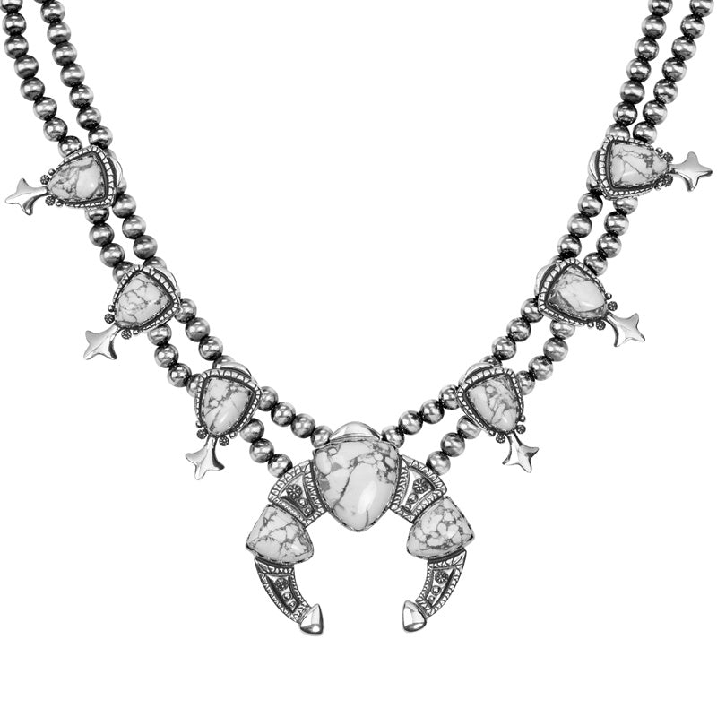 Sterling Silver White Howlite Gemstone Squash Blossom Statement Necklace, 18 to 21 Inches