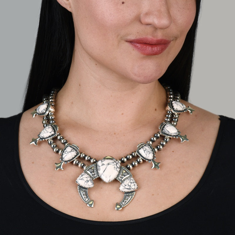 Sterling Silver White Howlite Gemstone Squash Blossom Statement Necklace, 18 to 21 Inches