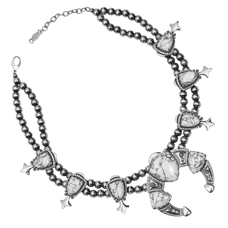 Sterling Silver White Howlite Gemstone Squash Blossom Statement Necklace, 18 to 21 Inches