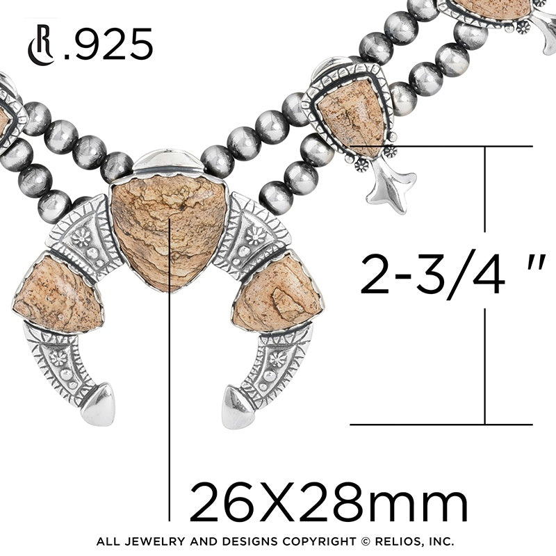 Sterling Silver Picture Jasper Squash Blossom Statement Necklace, 18 to 21 Inches