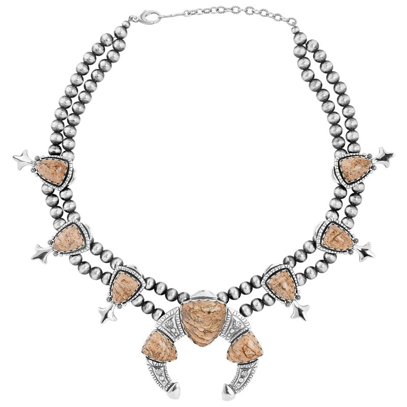 Sterling Silver Picture Jasper Squash Blossom Statement Necklace, 18 to 21 Inches