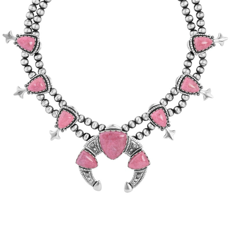 Sterling Silver Pink Rhodonite Arrowhead Squash Blossom Statement Necklace, 18 to 21 Inches