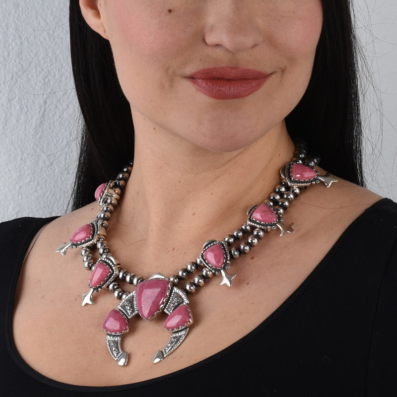 Sterling Silver Pink Rhodonite Arrowhead Squash Blossom Statement Necklace, 18 to 21 Inches