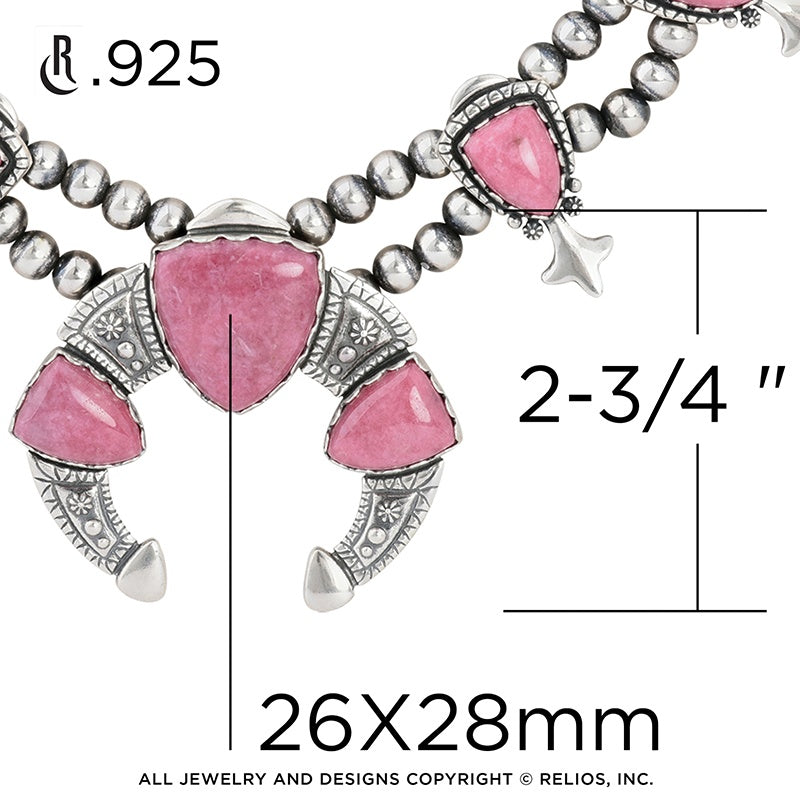 Sterling Silver Pink Rhodonite Arrowhead Squash Blossom Statement Necklace, 18 to 21 Inches