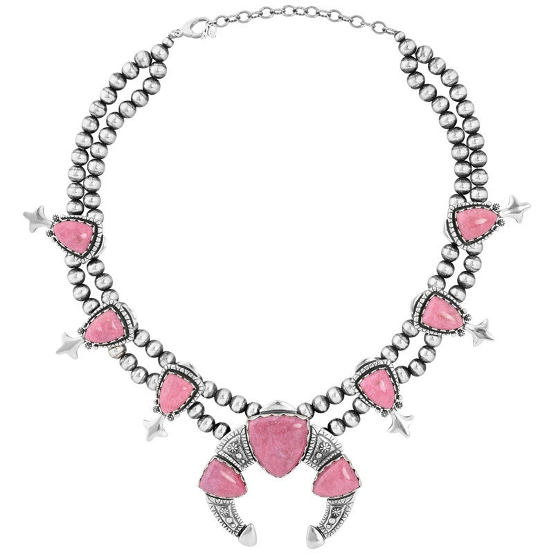 Sterling Silver Pink Rhodonite Arrowhead Squash Blossom Statement Necklace, 18 to 21 Inches