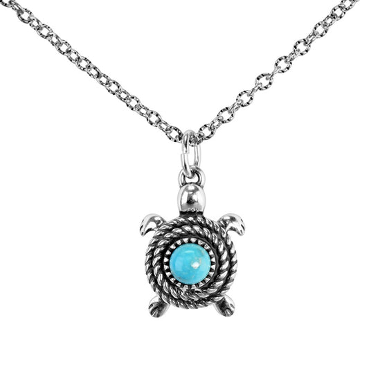 Sterling Silver Blue Turquoise Gemstone Turtle Necklace, 17 to 20 Inches