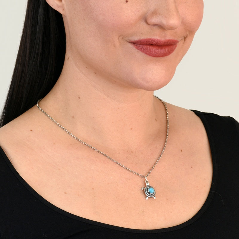Sterling Silver Blue Turquoise Gemstone Turtle Necklace, 17 to 20 Inches