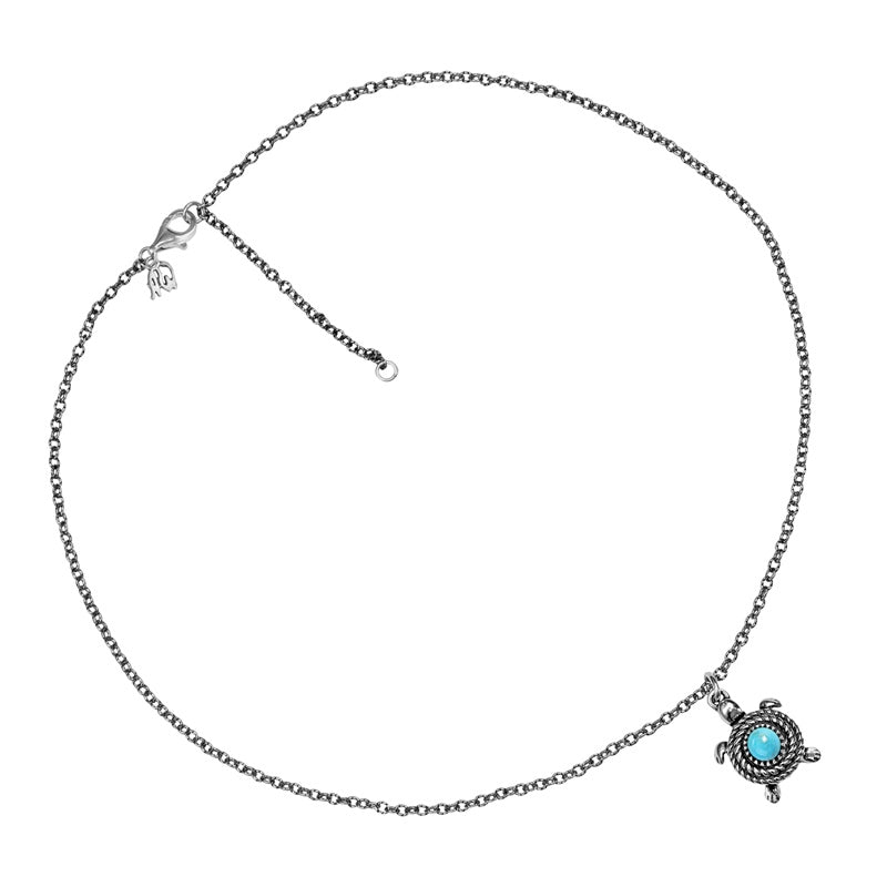 Sterling Silver Blue Turquoise Gemstone Turtle Necklace, 17 to 20 Inches