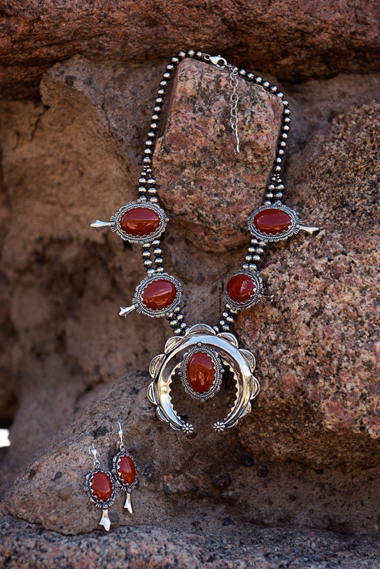 Sterling Silver Red Jasper Squash Blossom Naja Necklace, 17 to 20 Inches