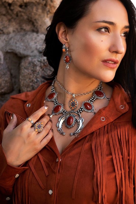 Sterling Silver Red Jasper Squash Blossom Naja Necklace, 17 to 20 Inches