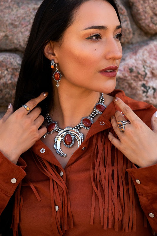 Sterling Silver Red Jasper Squash Blossom Naja Necklace, 17 to 20 Inches