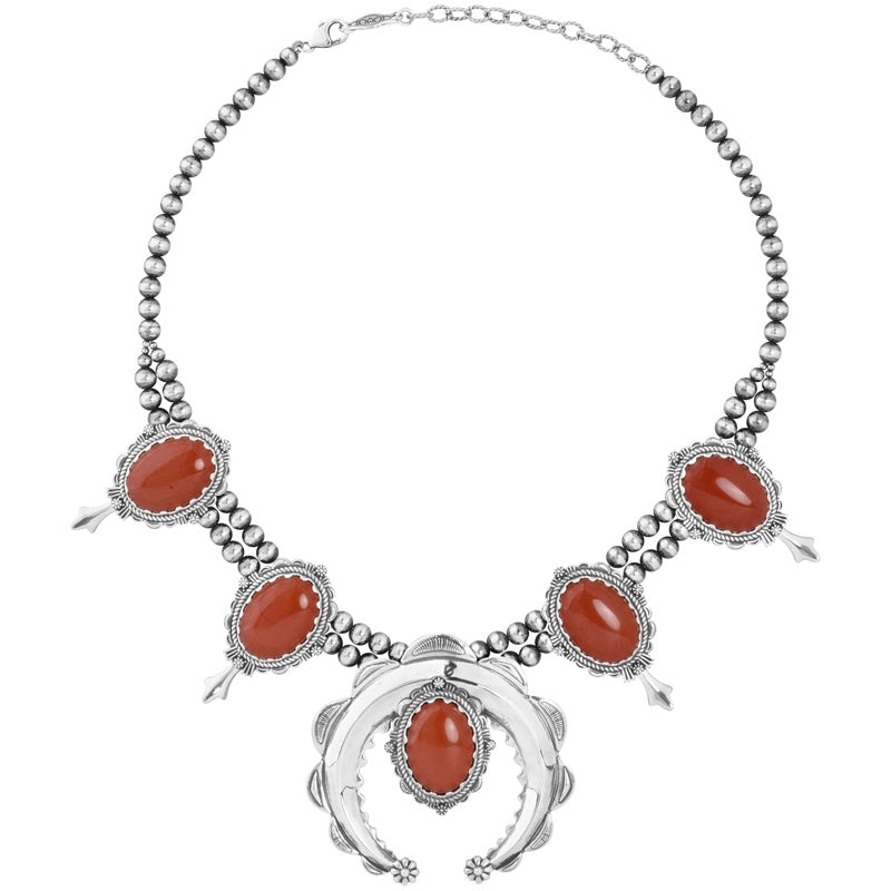 Sterling Silver Red Jasper Gemstone Squash Blossom Naja Necklace 17 to 20 Inches