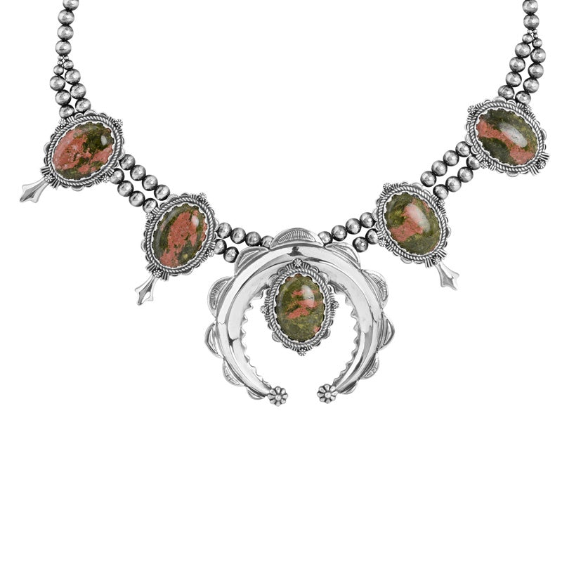 Sterling Silver Unakite Naja Squash Blossom Necklace, 17 to 20 Inches