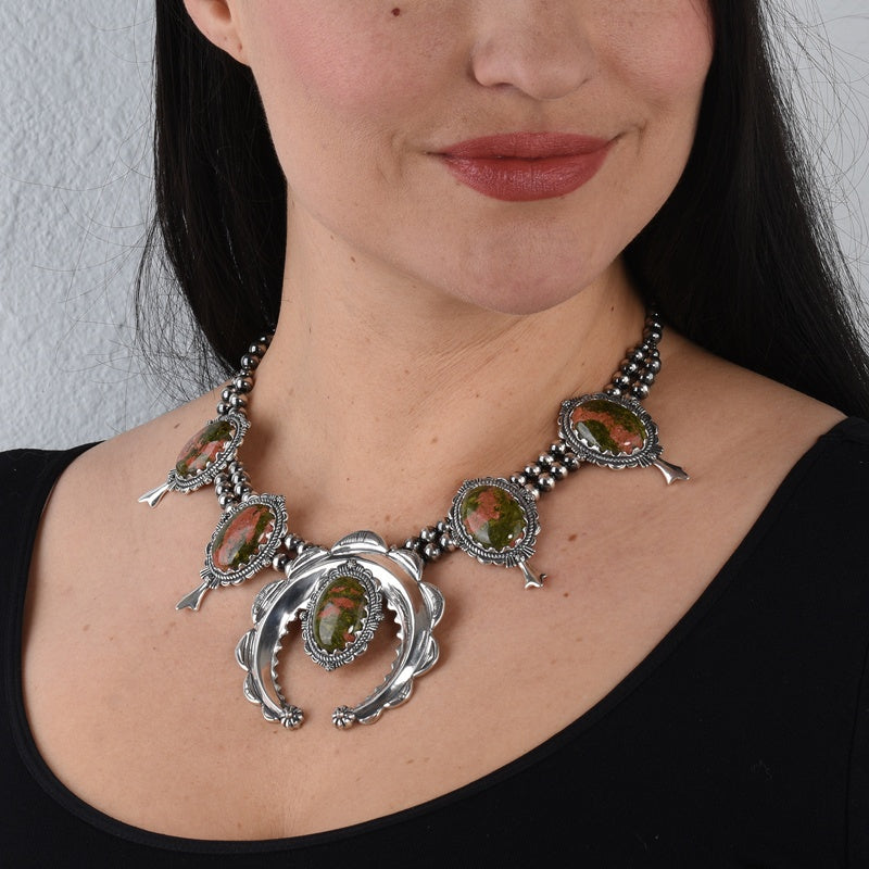 Sterling Silver Unakite Naja Squash Blossom Necklace, 17 to 20 Inches