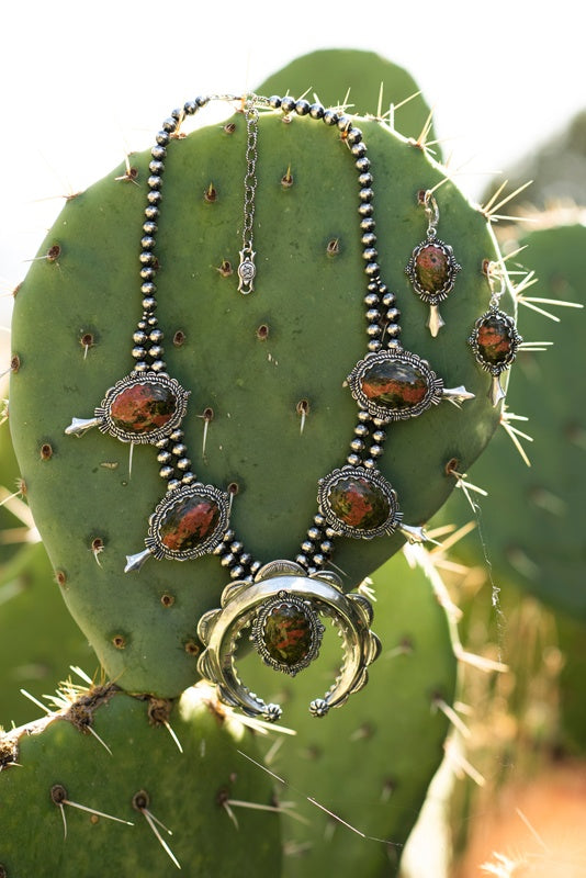 Sterling Silver Unakite Naja Squash Blossom Necklace, 17 to 20 Inches