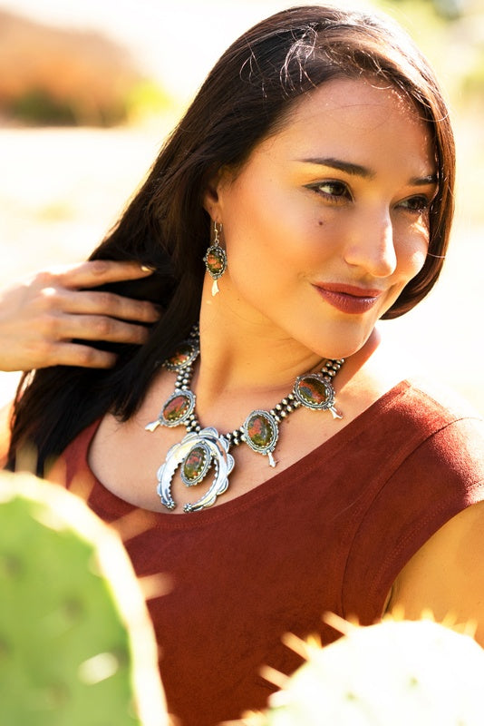 Sterling Silver Unakite Naja Squash Blossom Necklace, 17 to 20 Inches