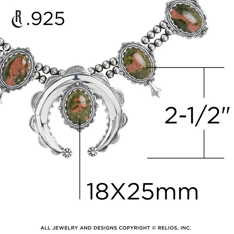 Sterling Silver Unakite Naja Squash Blossom Necklace, 17 to 20 Inches