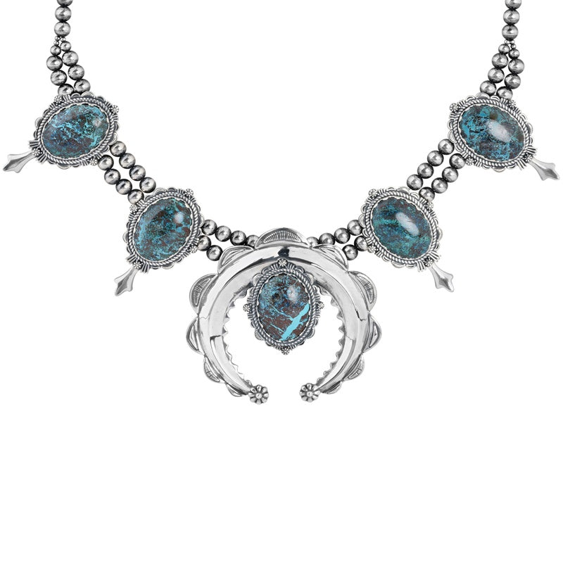 Sterling Silver Blue Green Chrysocolla Naja Squash Blossom Necklace, 17 to 20 Inches