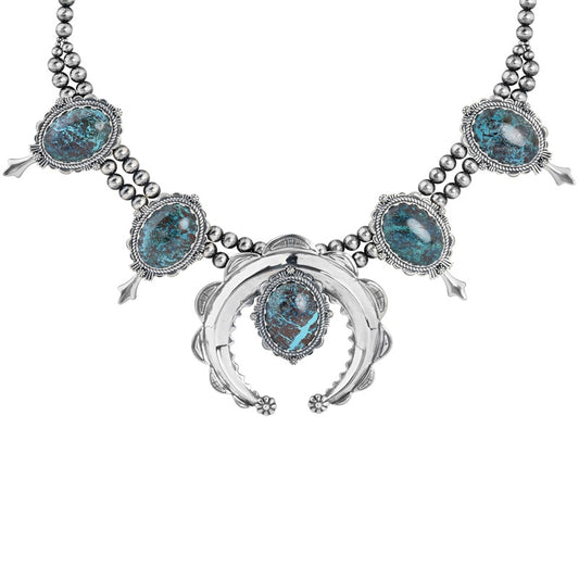 Sterling Silver Blue Green Chrysocolla Naja Squash Blossom Necklace, 17 to 20 Inches