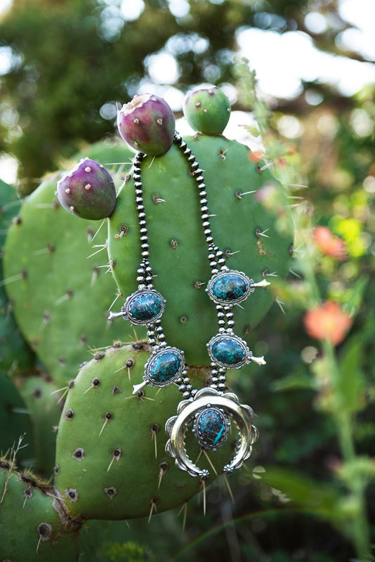Sterling Silver Blue Green Chrysocolla Naja Squash Blossom Necklace, 17 to 20 Inches