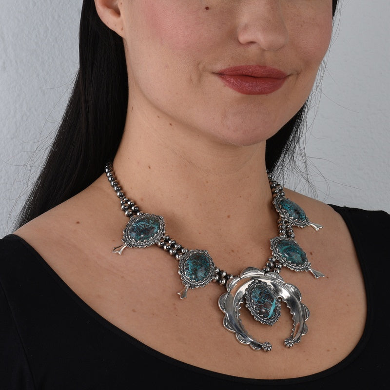 Sterling Silver Blue Green Chrysocolla Naja Squash Blossom Necklace, 17 to 20 Inches