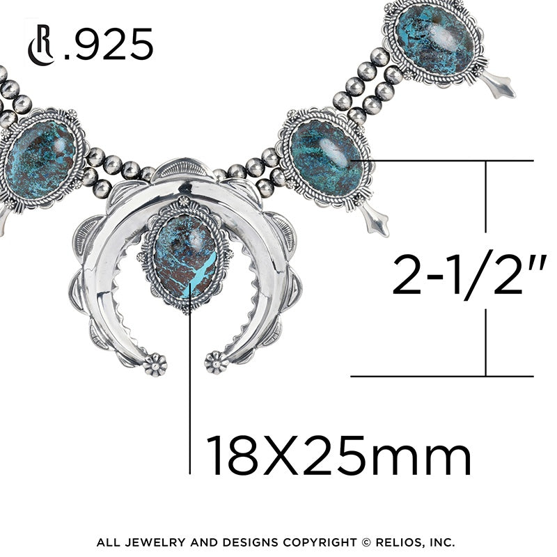 Sterling Silver Blue Green Chrysocolla Naja Squash Blossom Necklace, 17 to 20 Inches