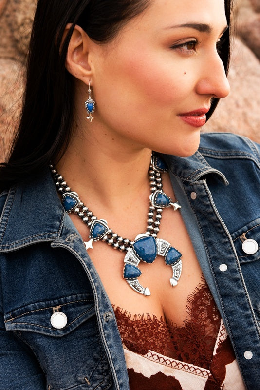 Sterling Silver Denim Lapis Arrowhead Gemstone Squash Blossom Statement Necklace 18 to 21 Inch