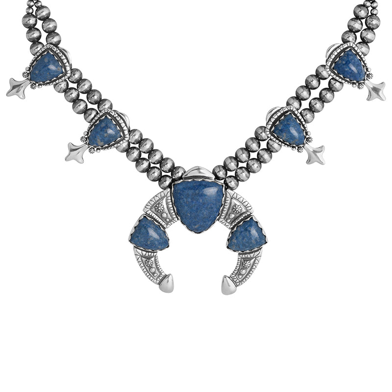 Sterling Silver Lapis Arrowhead Squash Blossom Statement Necklace, 18 to 21 Inches