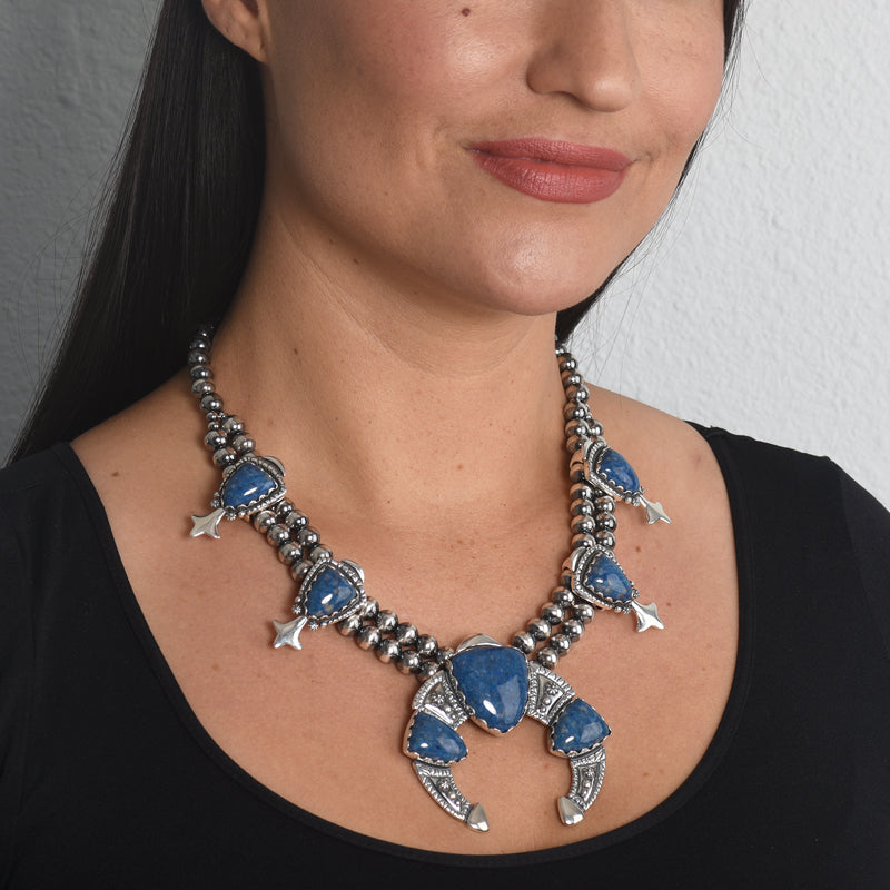 Sterling Silver Lapis Arrowhead Squash Blossom Statement Necklace, 18 to 21 Inches