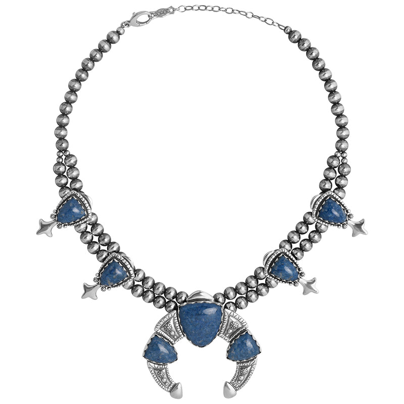 Sterling Silver Lapis Arrowhead Squash Blossom Statement Necklace, 18 to 21 Inches