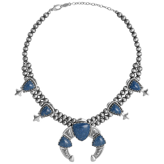 Sterling Silver Lapis Arrowhead Squash Blossom Statement Necklace, 18 to 21 Inches